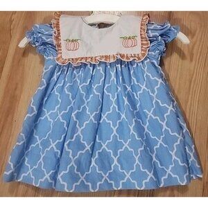 Adorable Babeeni 6 Month, cotton Blue, White Dress, W/embroidered Pumpkins, Fall